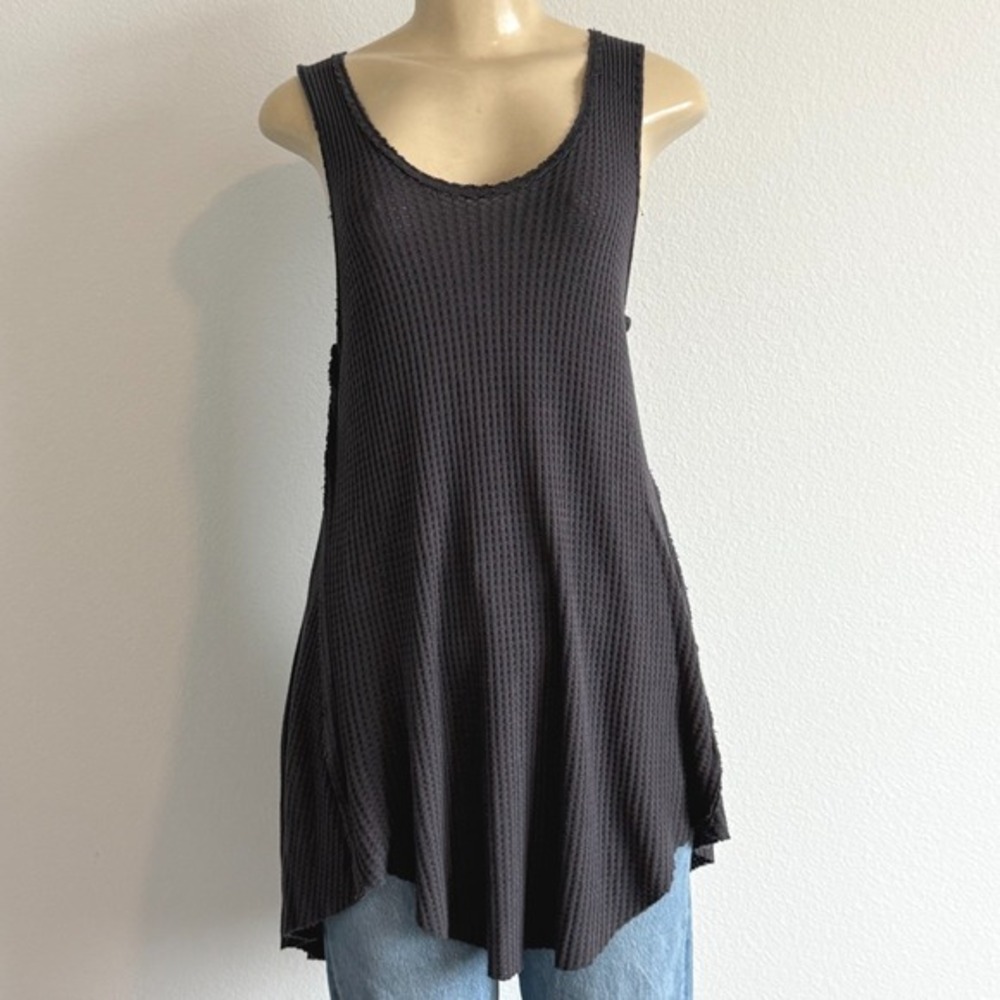 Mystree Boho Waffle Knit High-Low Tunic Top Charcoal Grey S Scoop Neck Casual